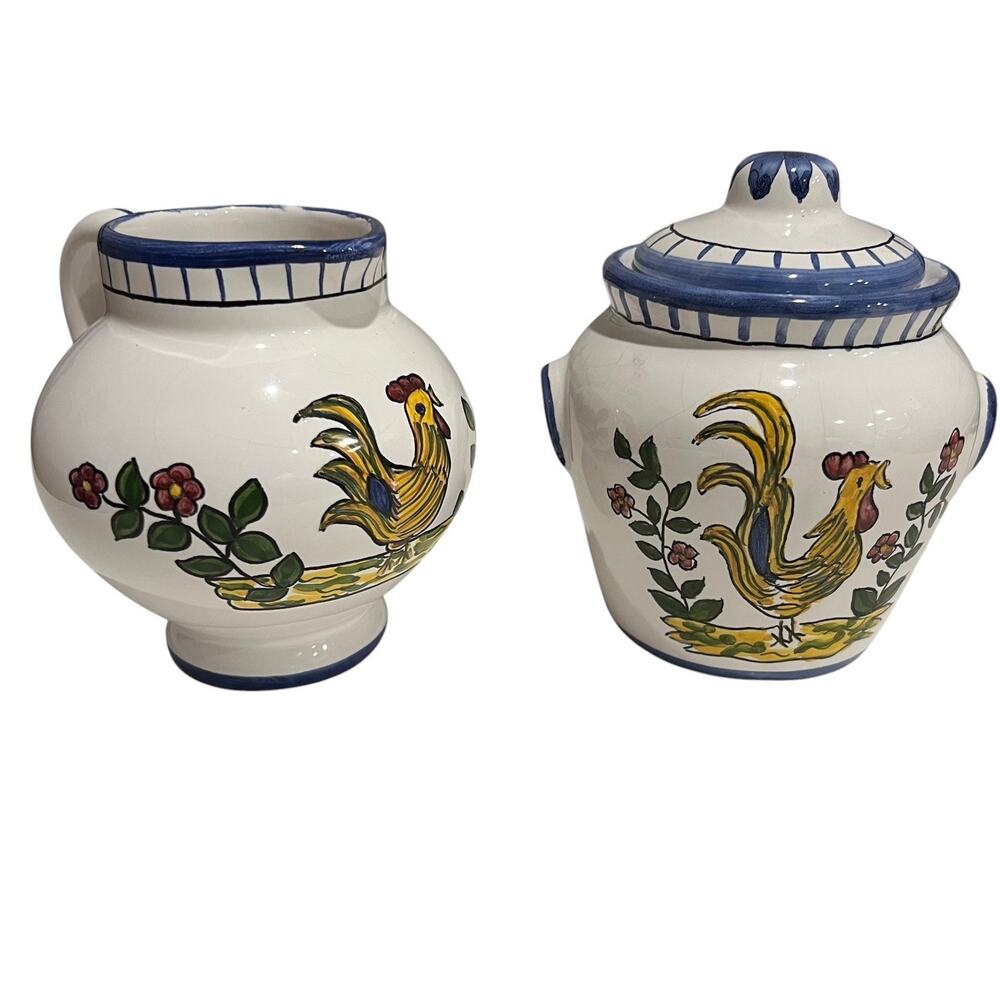 Vintage Hand Painted Casa Fina Portugal Malveira Rooster Creamer & Sugar Galo